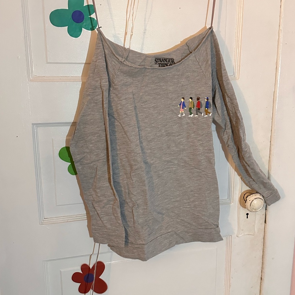 Gray Off the Shoulder Stranger Things Sweatshirt